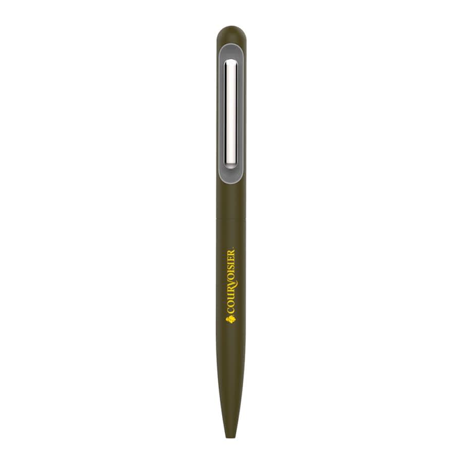 A metal ball pen in olive green with a silver clip and a logo on the side.