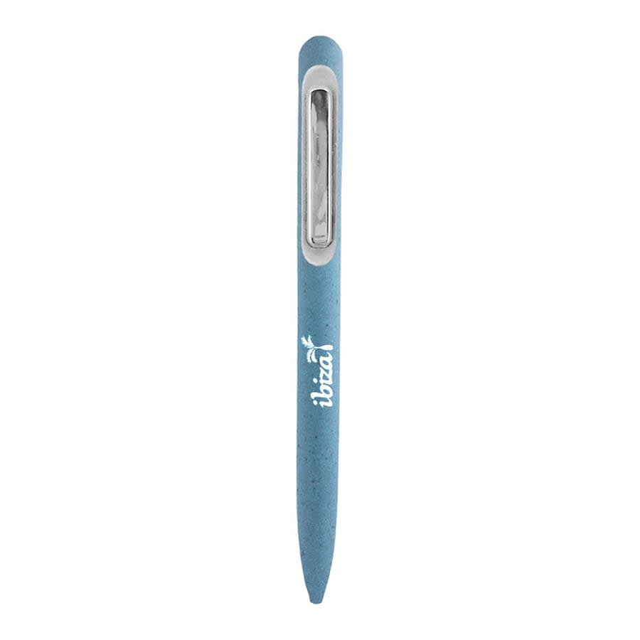 A blue metal ballpoint pen with a sleek design and a clip, featuring a logo on the barrel.