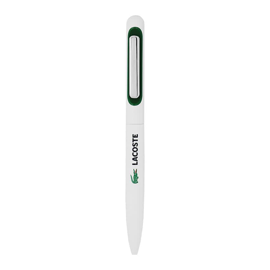 A white metal ballpoint pen with a green clip and branding, featuring a logo.
