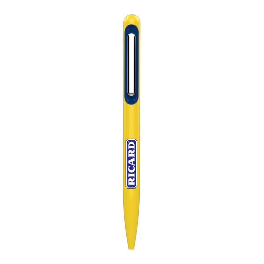 A yellow metal ball pen with a navy clip and a logo on the body.
