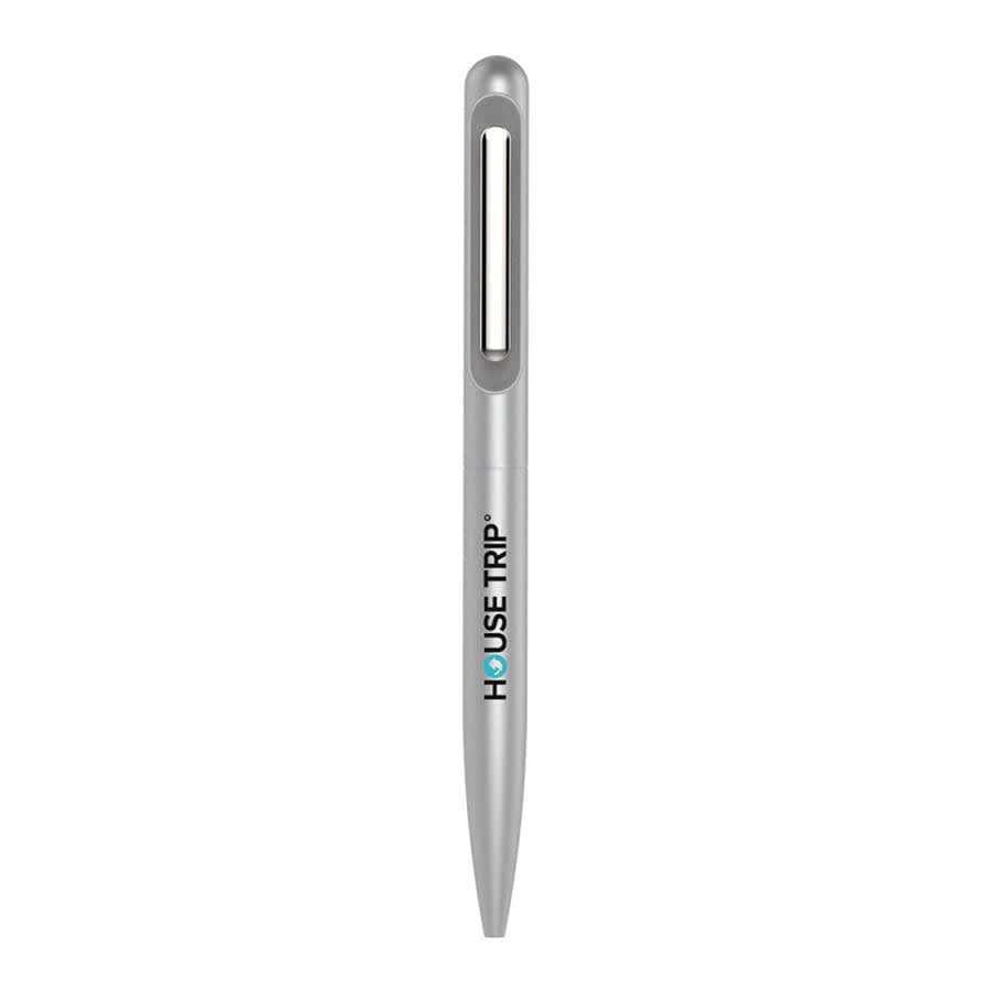 A silver metal ball pen with a sleek design and a branding logo on the side.