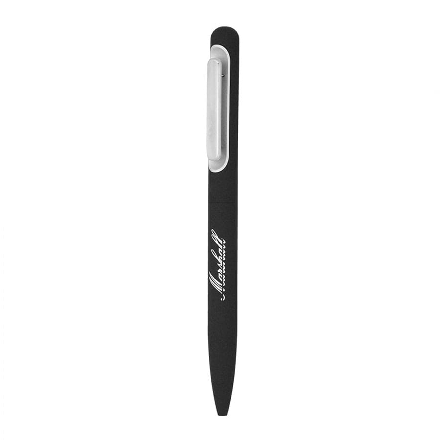 A black metal ball pen with a sleek design and a silver clip, featuring branding.
