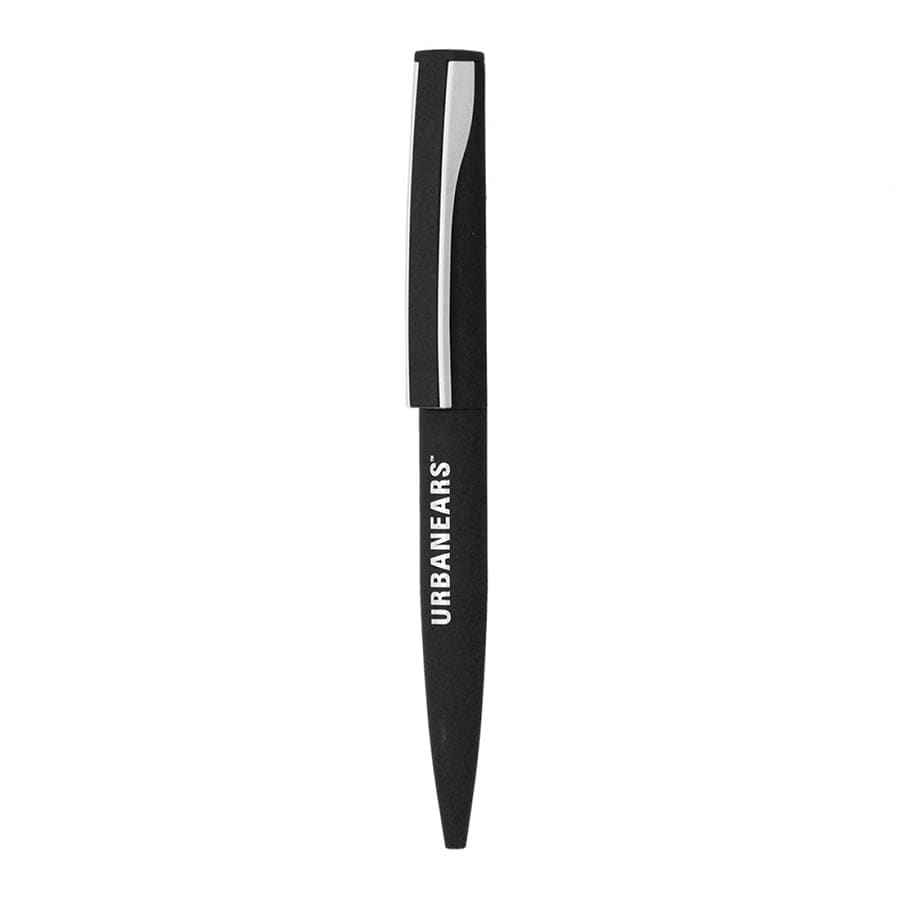 A sleek black metal ballpoint pen with a clip, featuring a logo on the barrel.