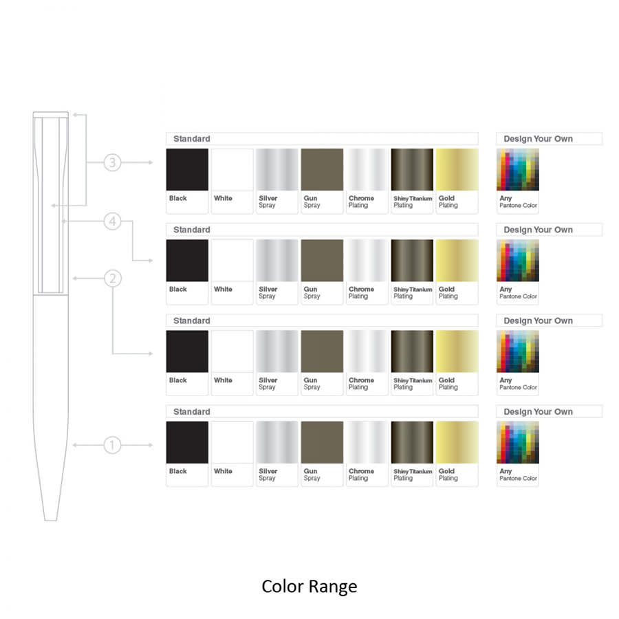 A selection of metal ball pens in various colours including black, white, silver, gun spray, and gold, with design options.