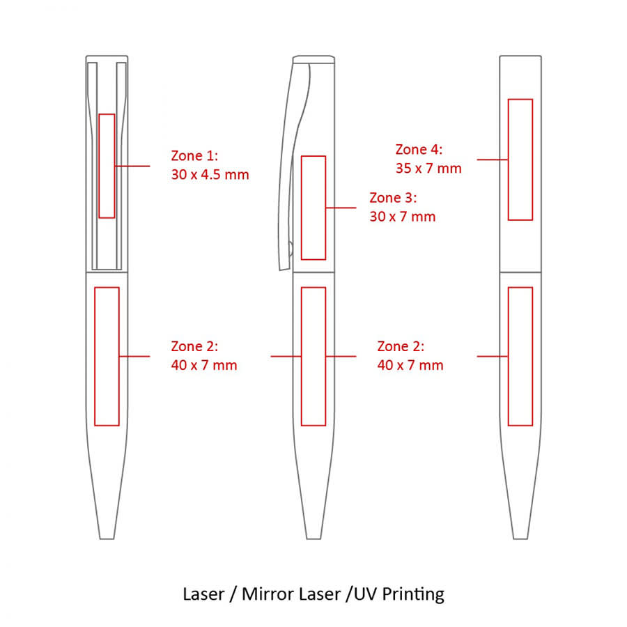 A diagram of the BND82 DIAL twist metal ball pen, featuring dimensions for various printing zones. The pen has a sleek design.