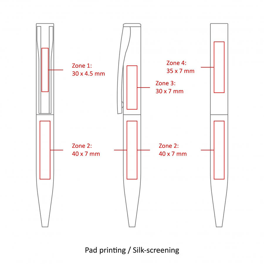 A diagram of the BND82 DIAL, TWIST METAL BALL PEN, detailing printing zones and pen design in a sleek silver finish.