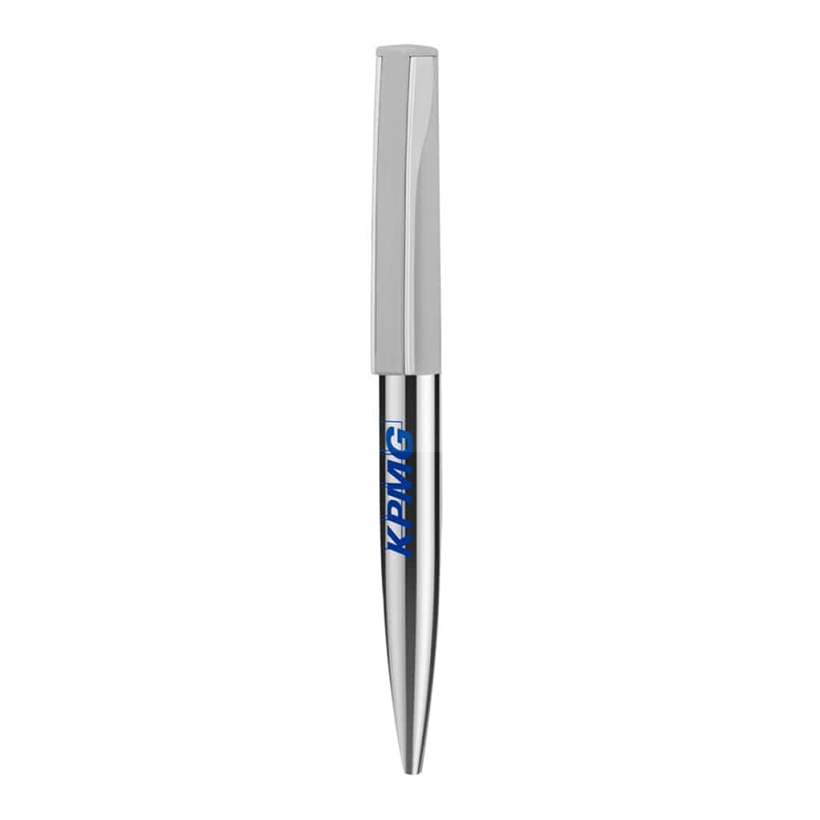 A metal ballpoint pen with a sleek silver finish and a clip top. It features a logo on the barrel.