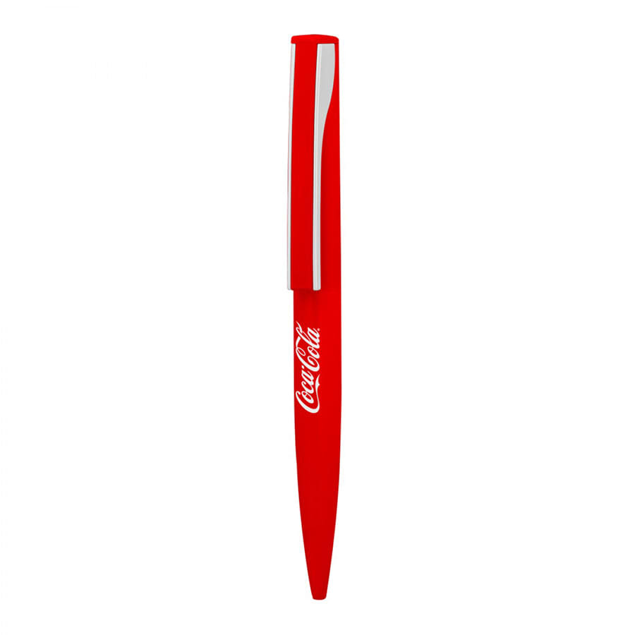 A red metal ballpoint pen with a sleek design and a clip, featuring a logo on its side.