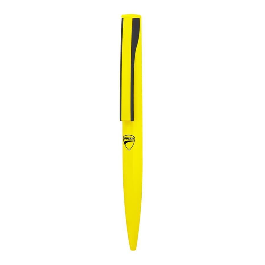 A yellow metal ball pen with a sleek design and a logo on the clip.