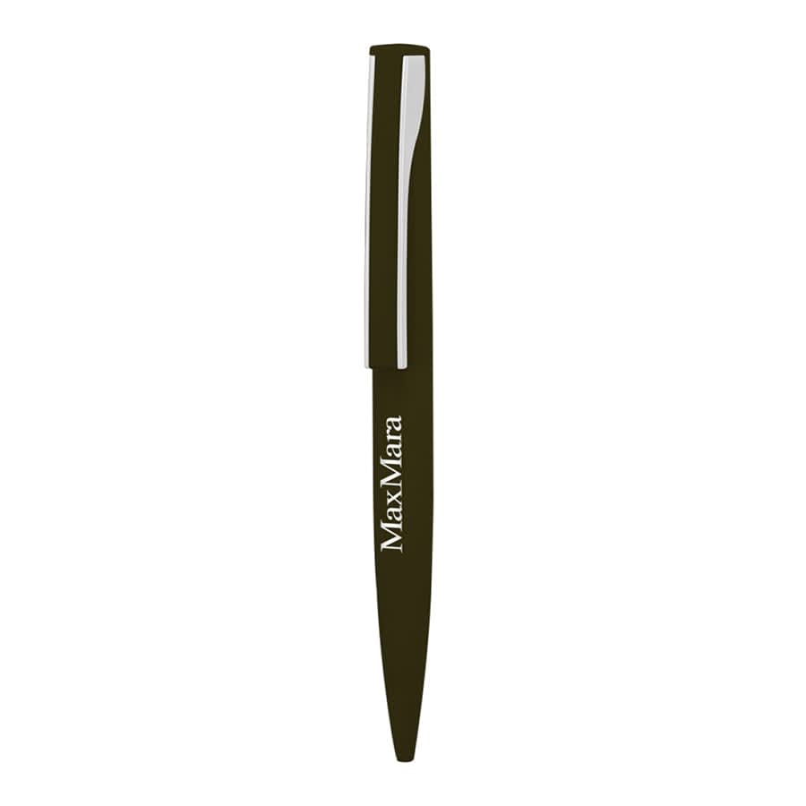A black metal ballpoint pen with a sleek design and a logo.