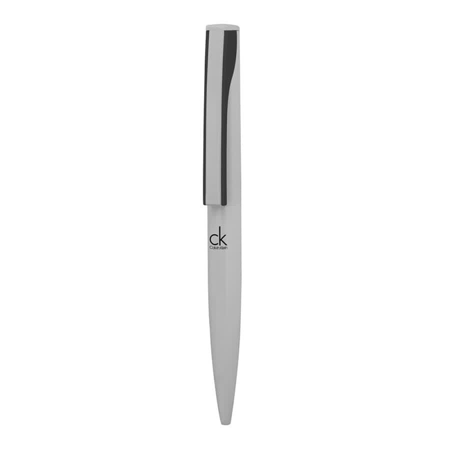 A silver metal ball pen with a sleek design and a logo on its side.