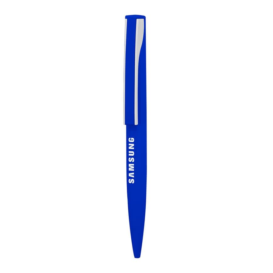A blue metal ball pen with a sleek design and a logo on the side.