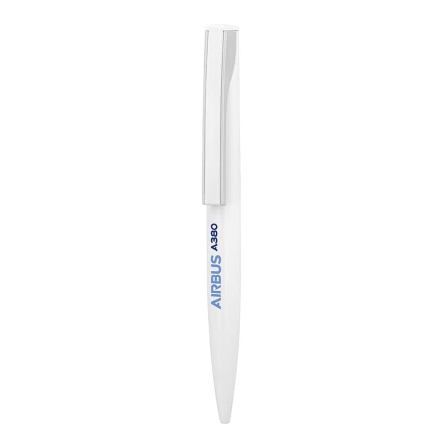 A metal ball pen in white with a sleek design and a clip. It features a blue logo.