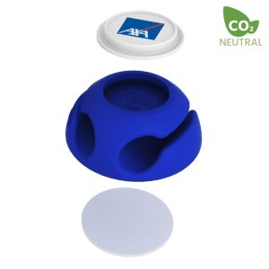 A blue cable manager featuring a logo on the top and a smooth white base.