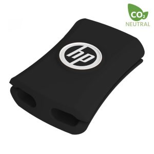 A black cable manager with a logo, featuring two slots for organizing cables.