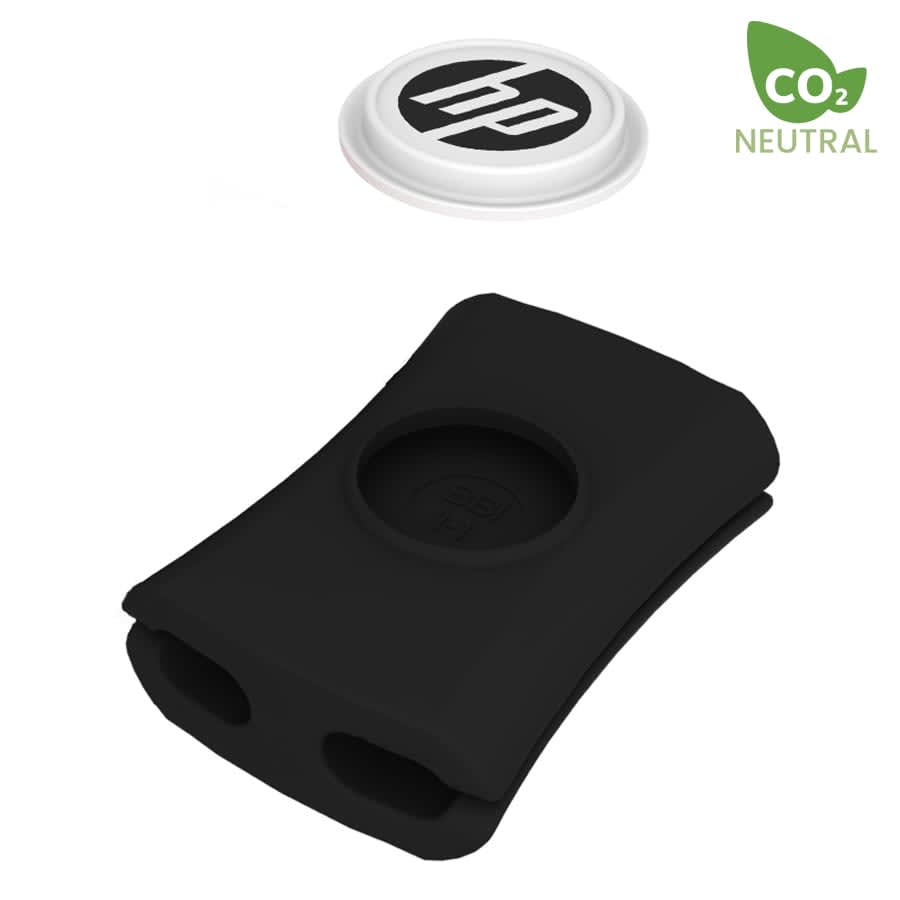 A black cable manager with a round logo and a circular lid, designed to organise cables effectively.