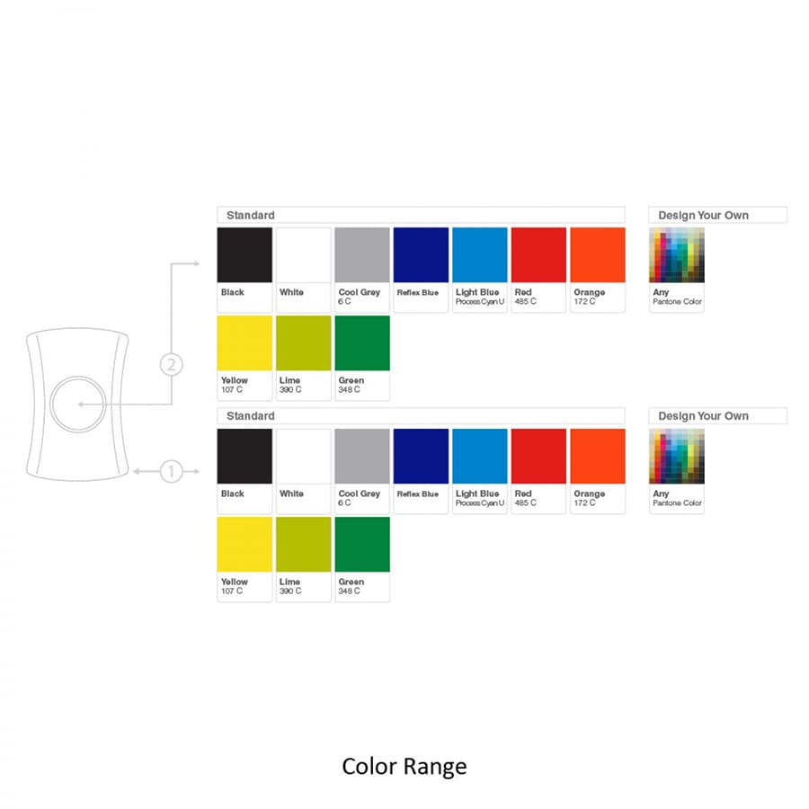 A cable manager in various colours including black, grey, yellow, blue, and orange, featuring a logo.