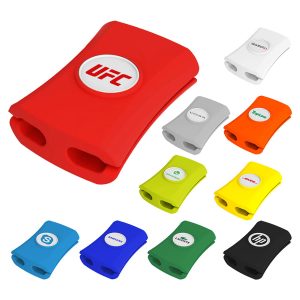 A range of cable managers in various colours including red, blue, green, yellow, orange, and grey, featuring logos.