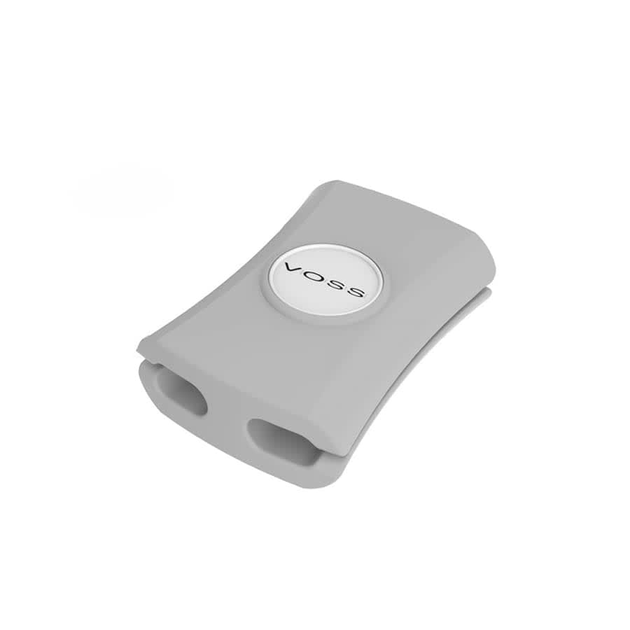 A grey cable manager with a curved design, featuring a circular logo at the centre.