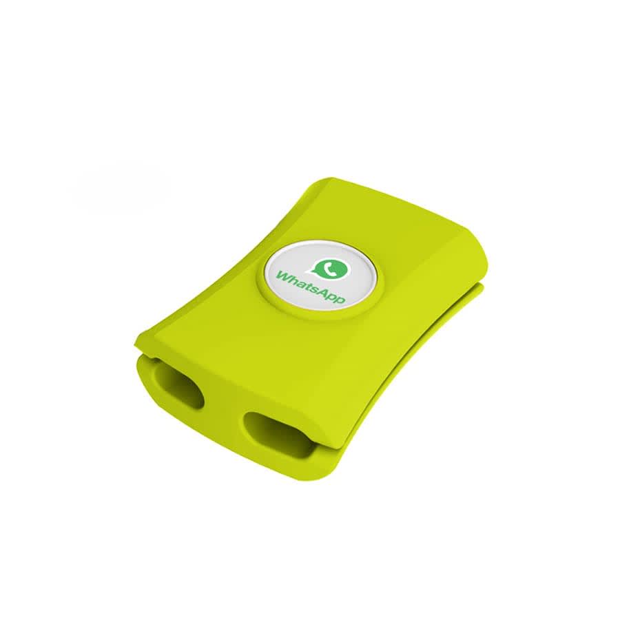 A bright green cable manager with dual slots and a logo on top, designed to tidy up cables.