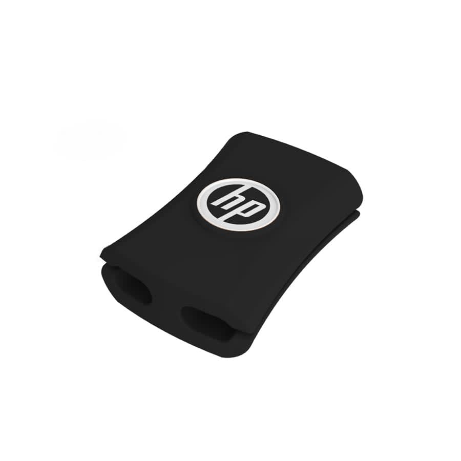 A black cable manager with two slots and a circular logo on the front.