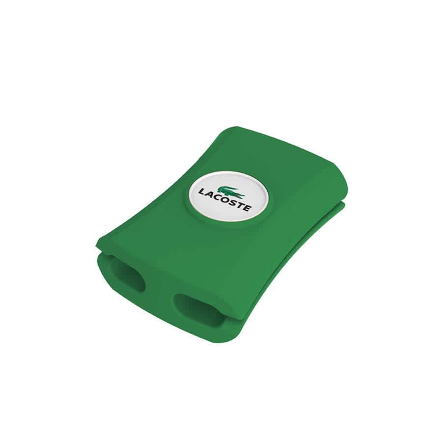 A green cable manager with two slots and a circular logo on the front.