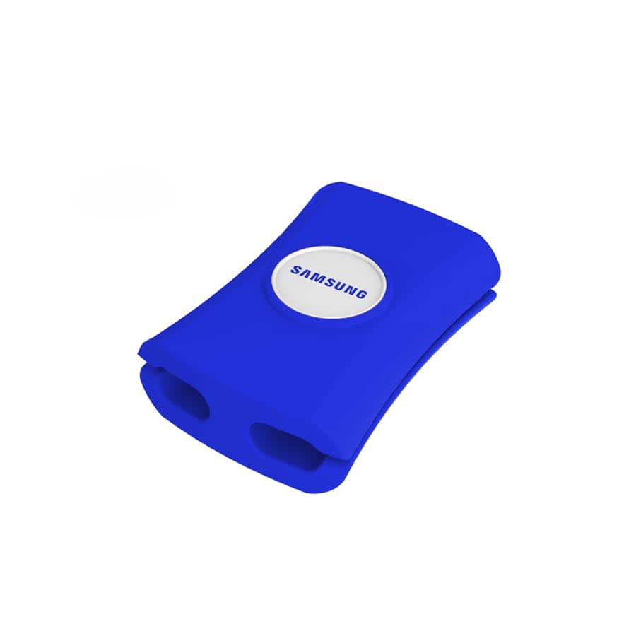 A blue cable manager with two slots, featuring a circular logo in the centre.