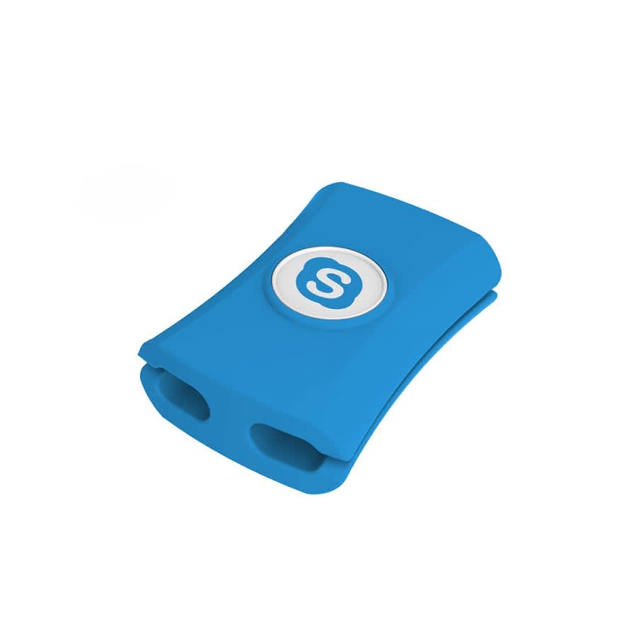 A blue cable manager featuring a rounded design with a logo on the front and two slots for cables.