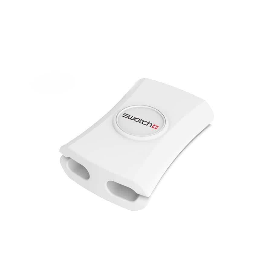 A white cable manager featuring two slots and a round logo, designed for keeping cables tidy.