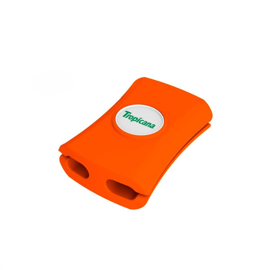 An orange cable manager with two slots, featuring a circular logo on its top.