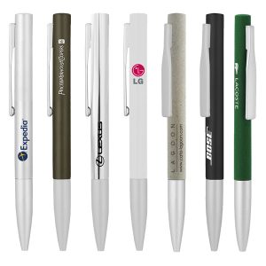 A collection of metal ball pens in various colours, featuring silver, green, grey, and black bodies with branding.