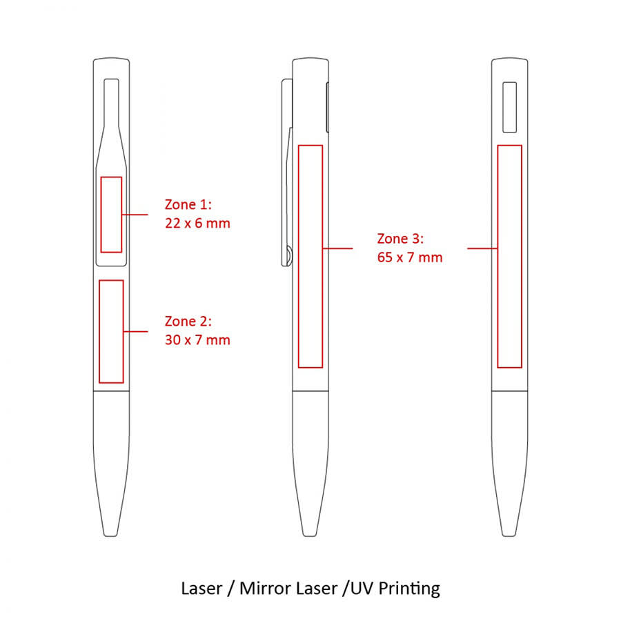A diagram of a metal ball pen in various angles, featuring zones for printing. Predominantly silver with a clip.