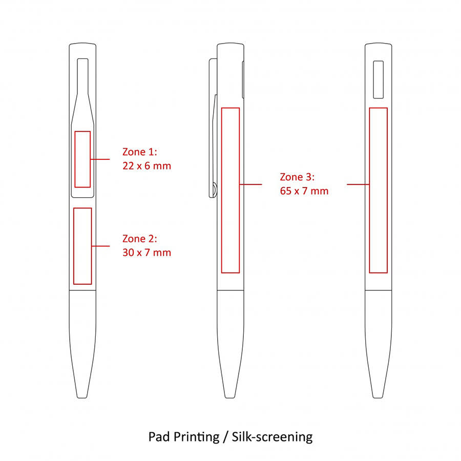 A detailed illustration of the BND83 PEGI twist metal ball pen, featuring zones for pad printing and silk-screening. The pen is primarily silver.