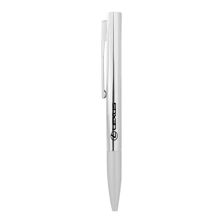A silver metal ballpoint pen with a clip and a logo on the barrel, featuring a sleek twist mechanism.