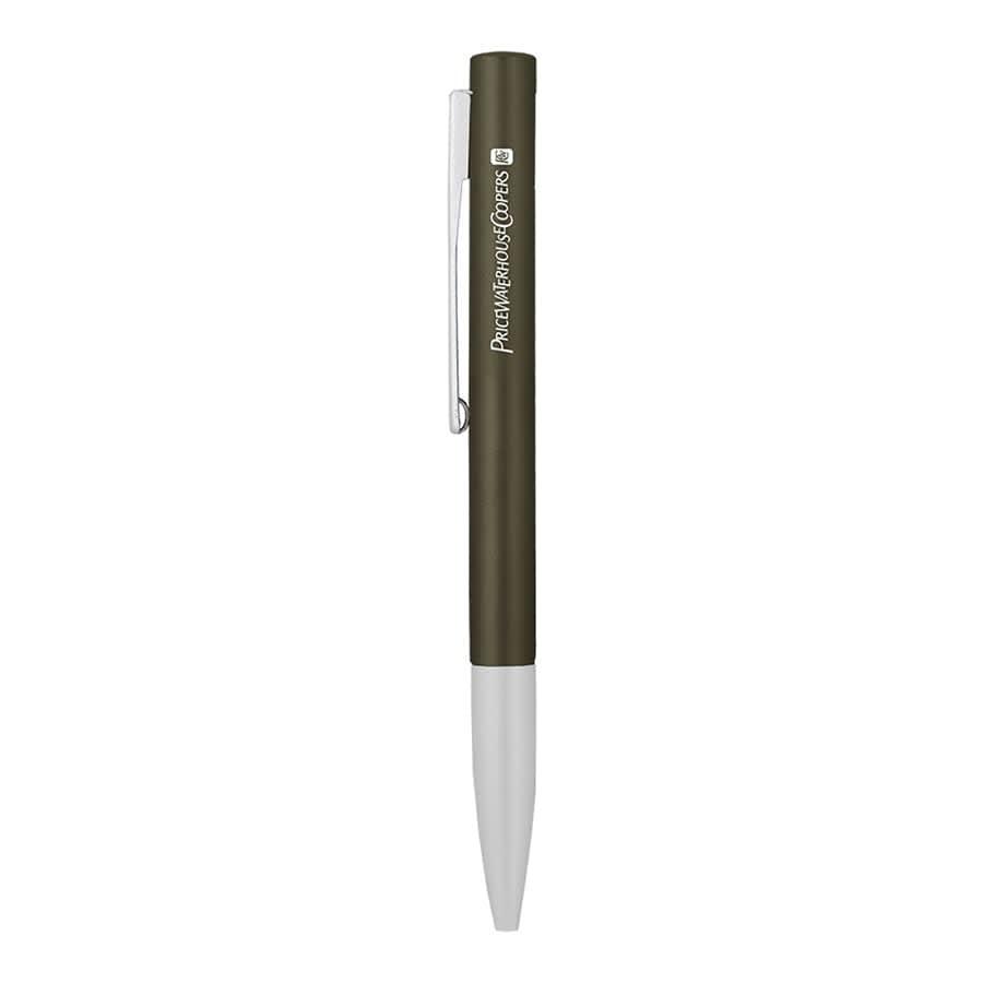 A metal ball pen with a green body and white tip, featuring a silver clip and branding logo.