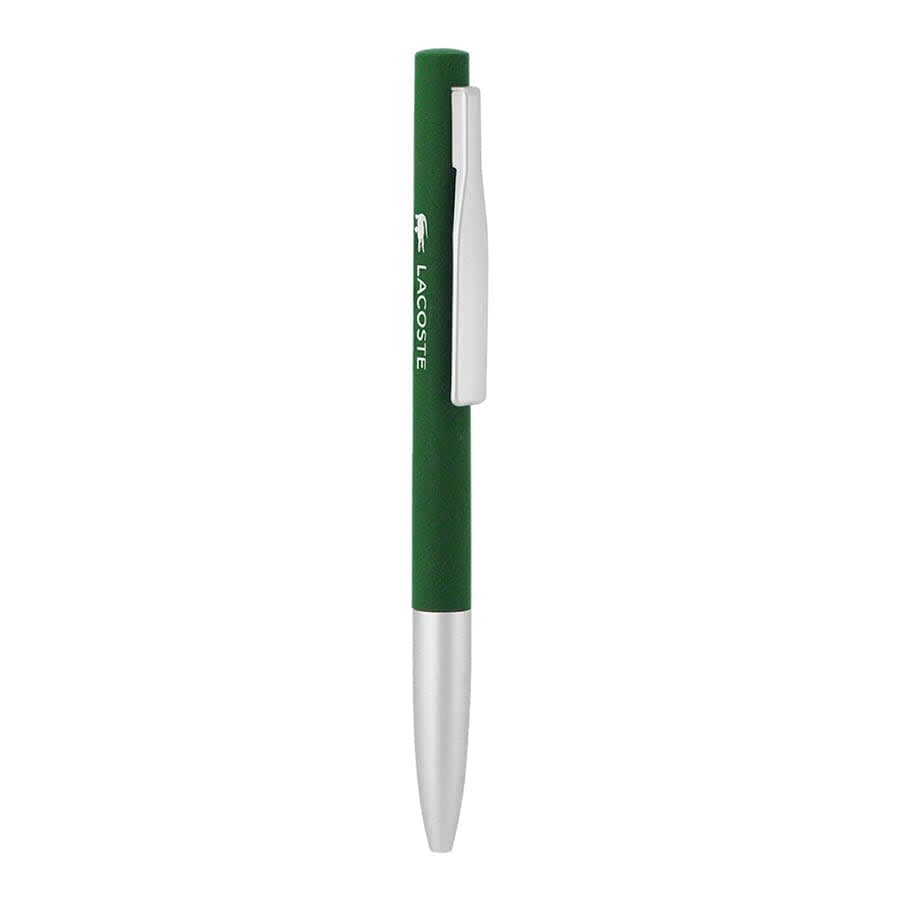 A green metal ball pen with a silver clip, featuring a logo on the body.
