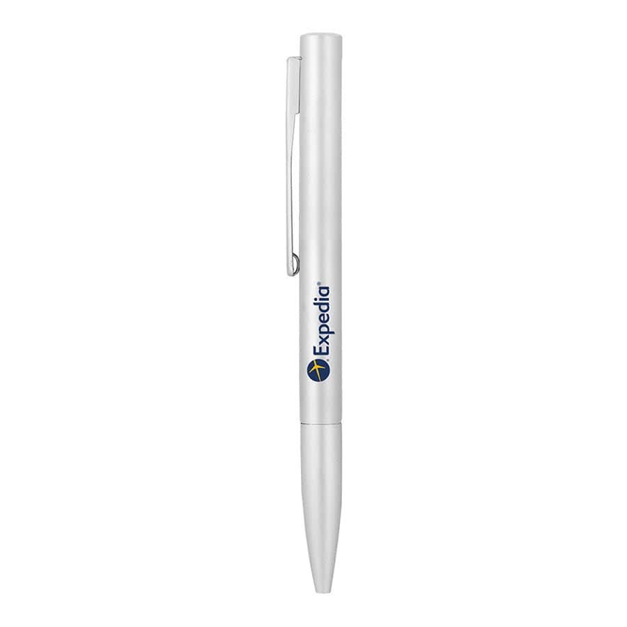 A sleek silver metal ball pen with a clip and a logo on the barrel.