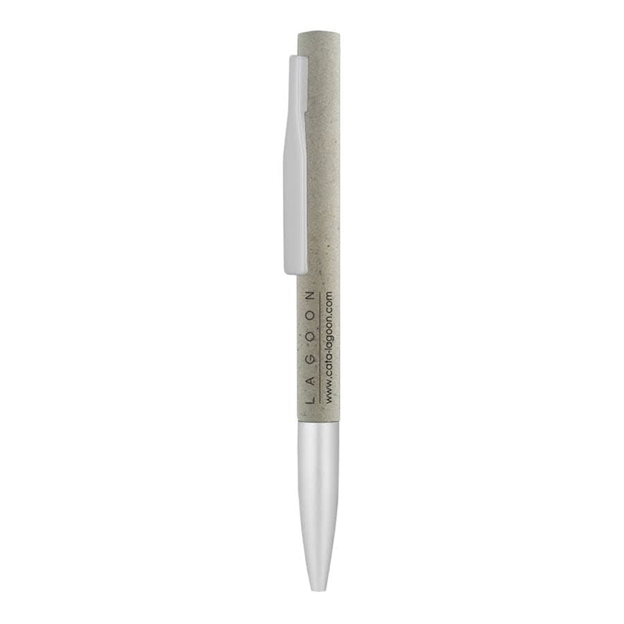A metal ball pen with a silver tip and a grey paper barrel, featuring a clip and branding.