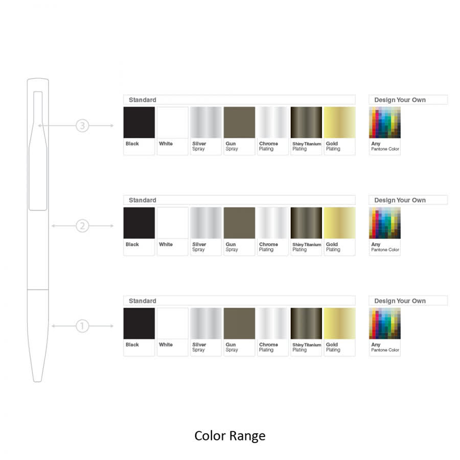 A selection of metal ball pens in various colours, including black, silver, gold, and gunmetal, with a logo.