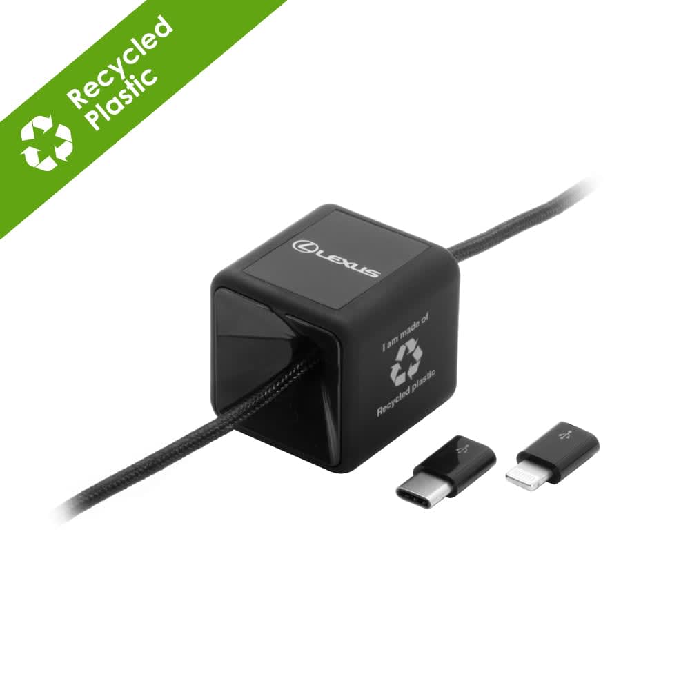 A black charging and sync cable with two connectors, housed in a cube-shaped packaging made from recycled plastic.