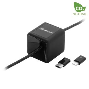 A black Zinc charging cable with a textured cube connector and interchangeable USB-C and micro USB tips.