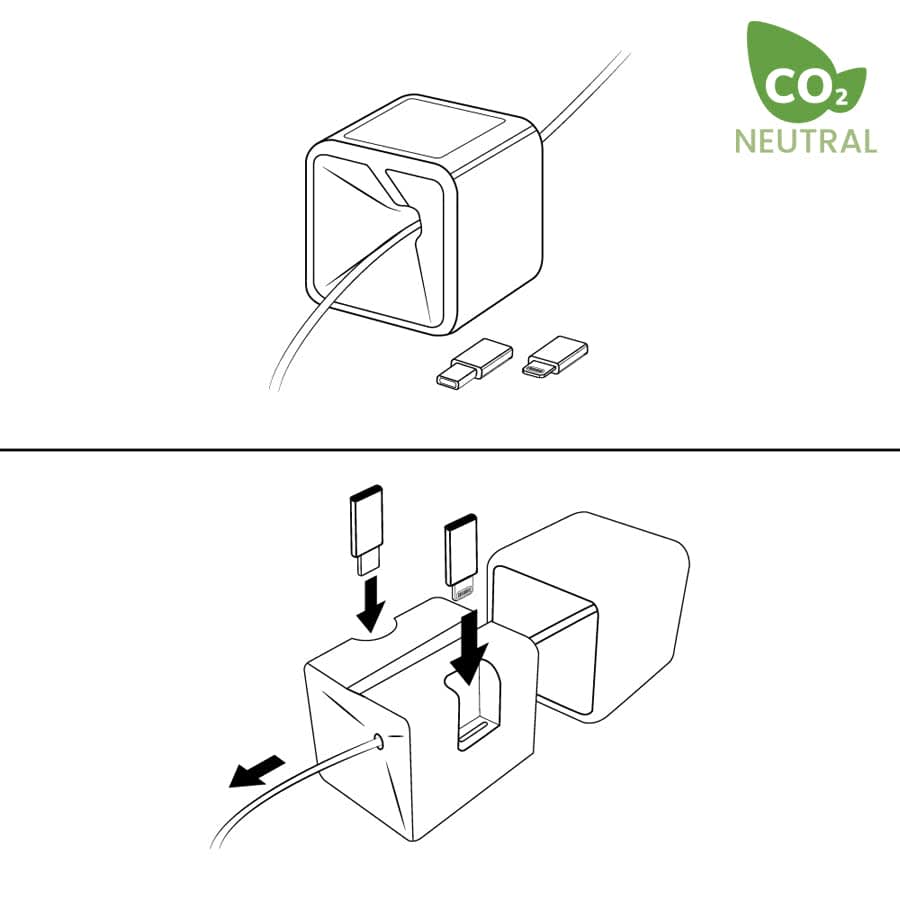A Zinc Charging Cable with a square connector and multiple USB ends, featuring a logo and a CO2 neutral badge.