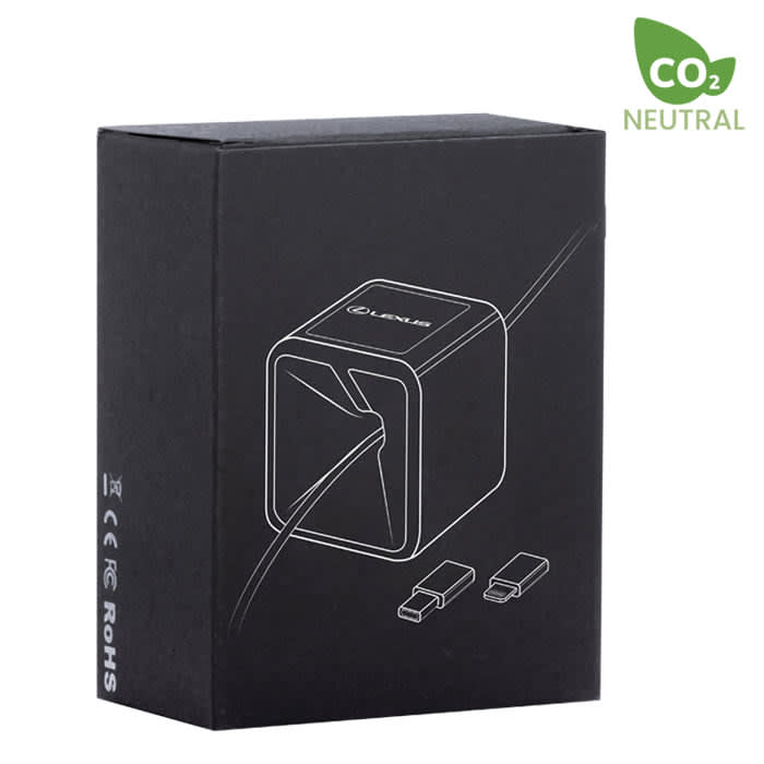 A black box featuring a charging cable with USB connectors and a logo on the side.