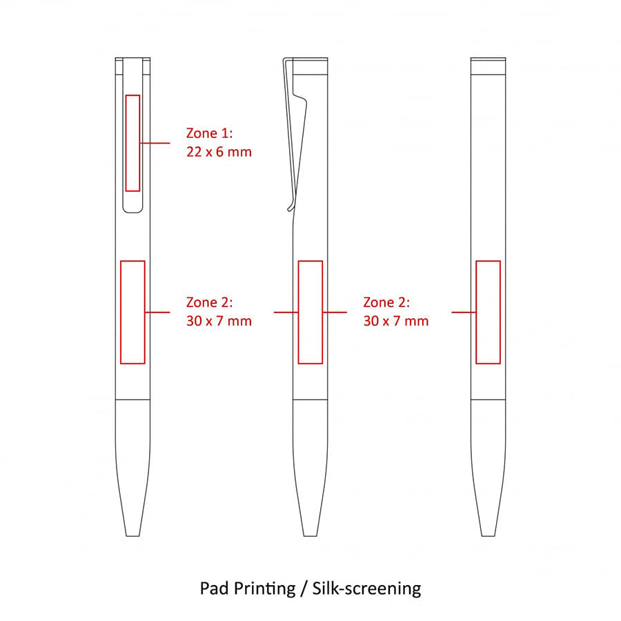A diagram of a metal ballpoint pen with specifications for pad printing and silk-screening zones. It features a clip and smooth design.