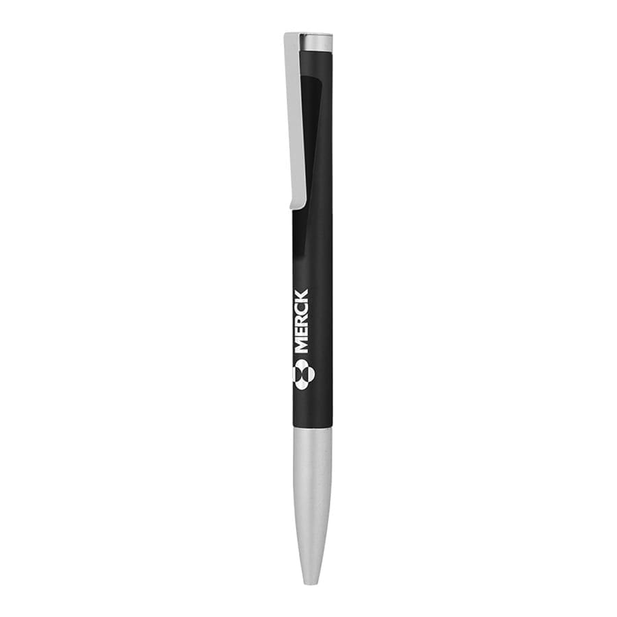 A black and silver metal ball pen with a clip and logo on the barrel.