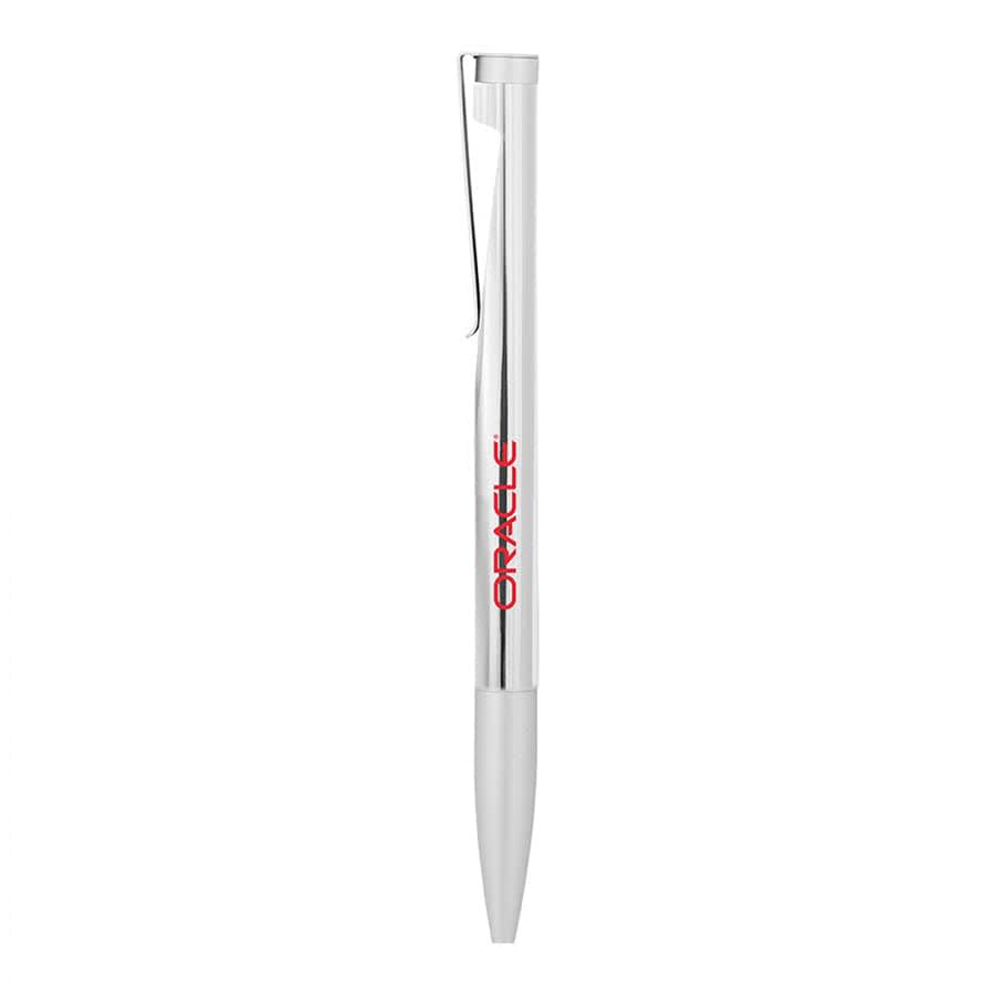 A silver metal ballpoint pen with a white tip, featuring a logo on the side.