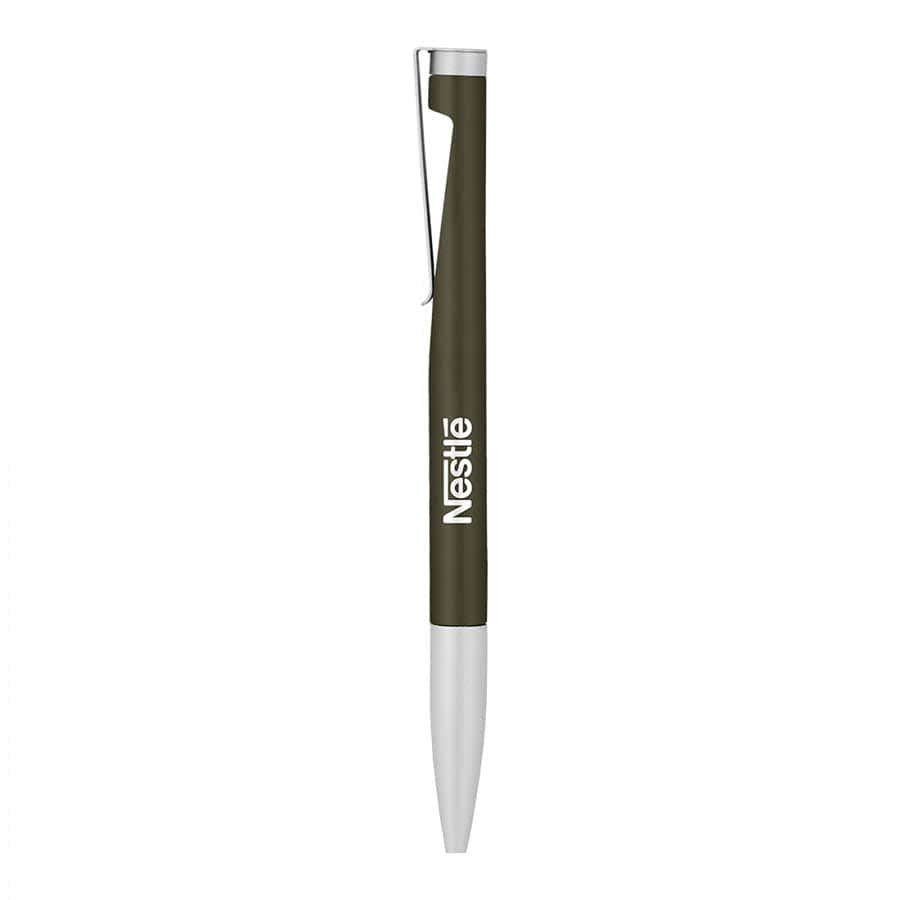 A metal ball pen with a twist mechanism, featuring a dark green barrel and a silver clip, along with branding.