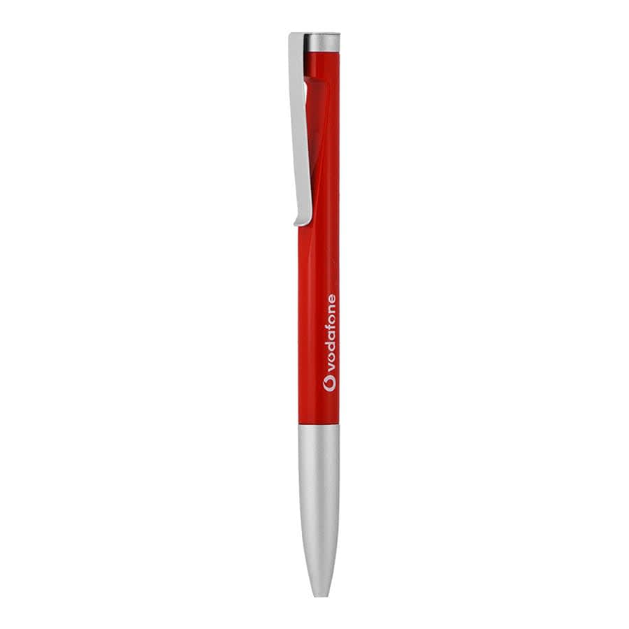 A red metal ball pen with a silver clip and branding on the barrel.
