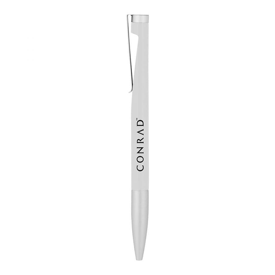A white twist metal ball pen with a silver clip and a branding logo.