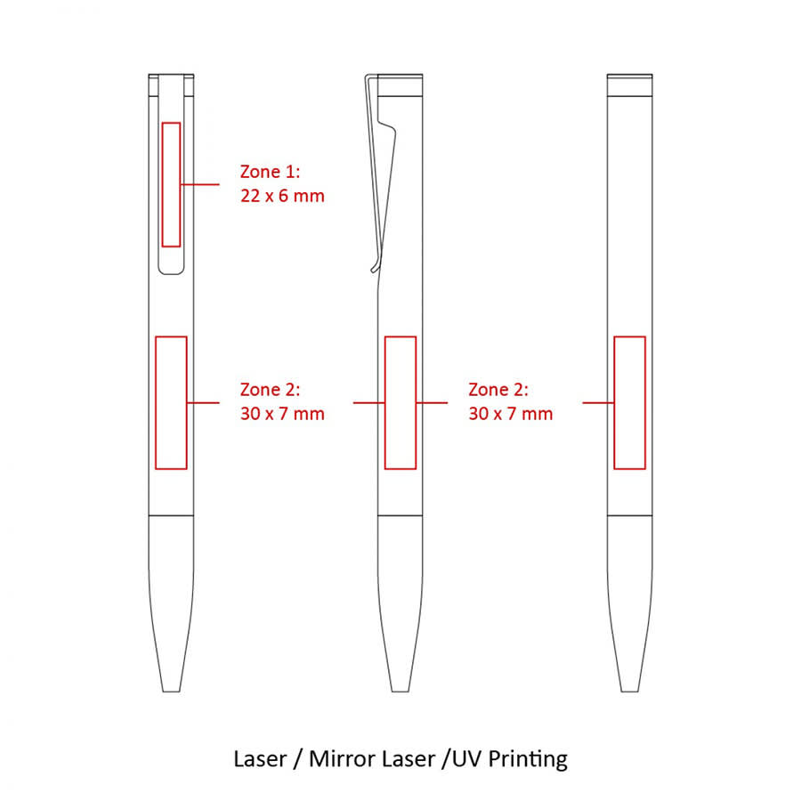 A technical drawing of the BND84 ATTEN twist metal ball pen, featuring multiple views and measurement zones.